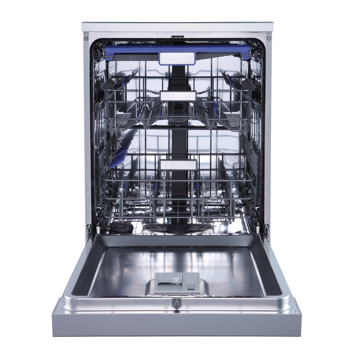 An open dishwasher with blue and silver interior, white background.