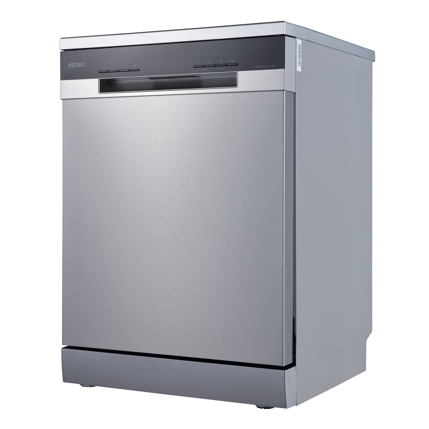 A stainless steel dishwasher is shown, with a dark gray top panel and controls.