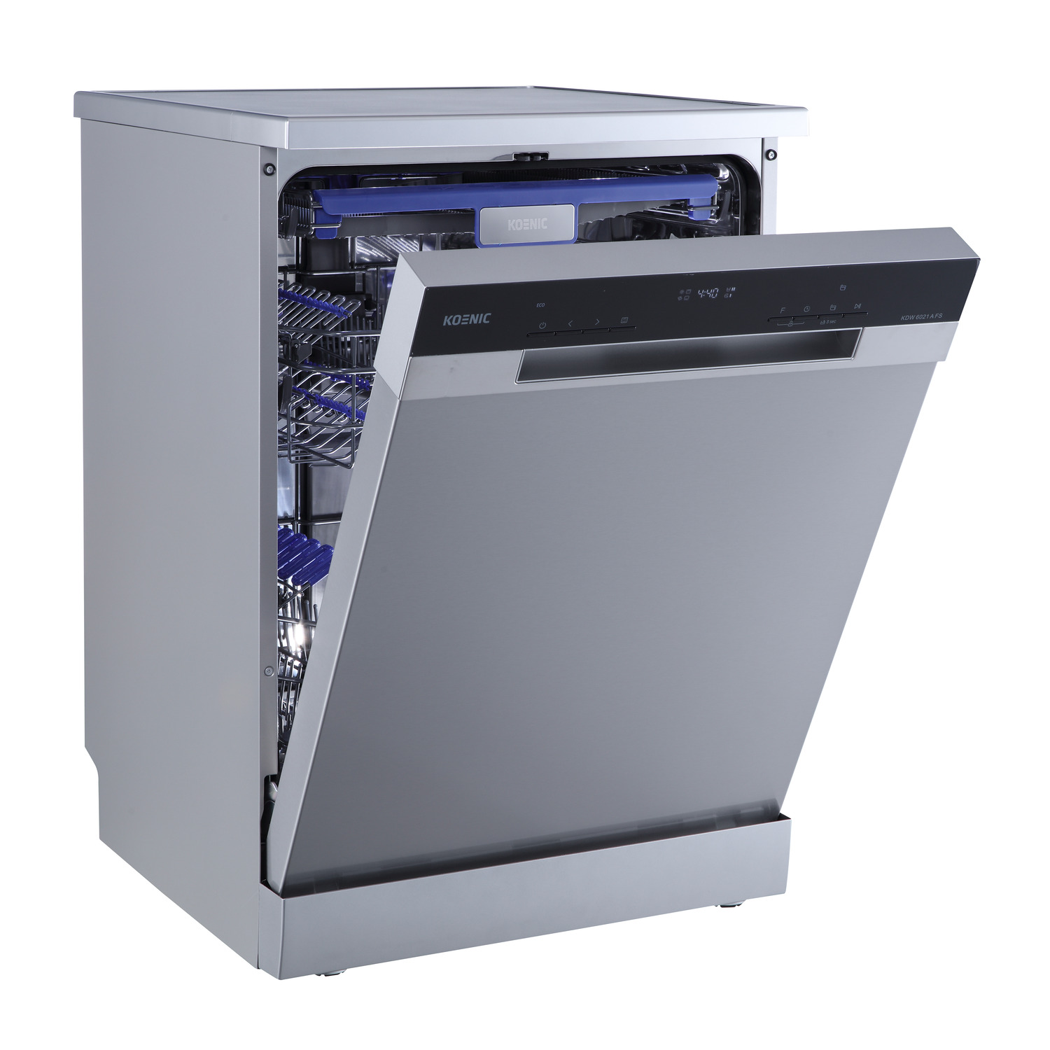 A silver dishwasher with its door open, showing interior racks. Koenic brand.