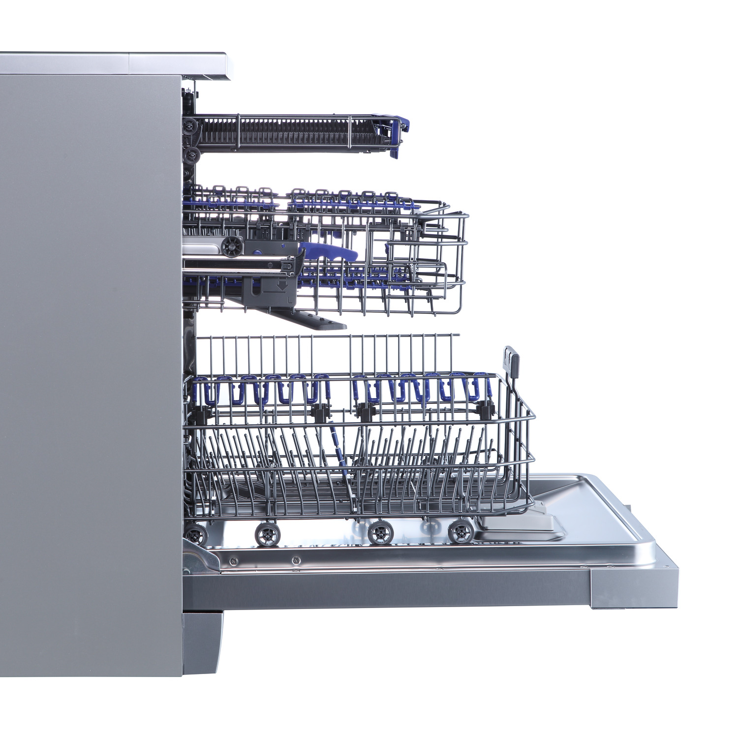 A dishwasher with the door open, showing the racks inside. The unit is silver.
