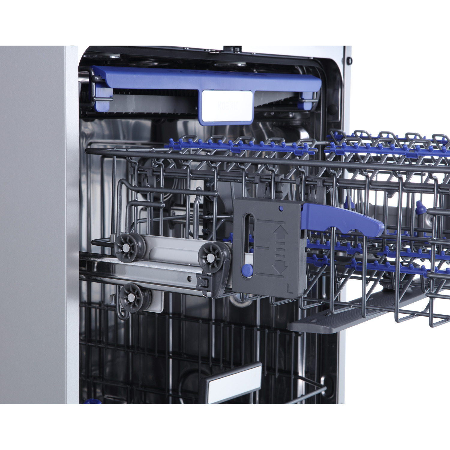 Inside a dishwasher, showing racks and spray arms, with a blue accent.