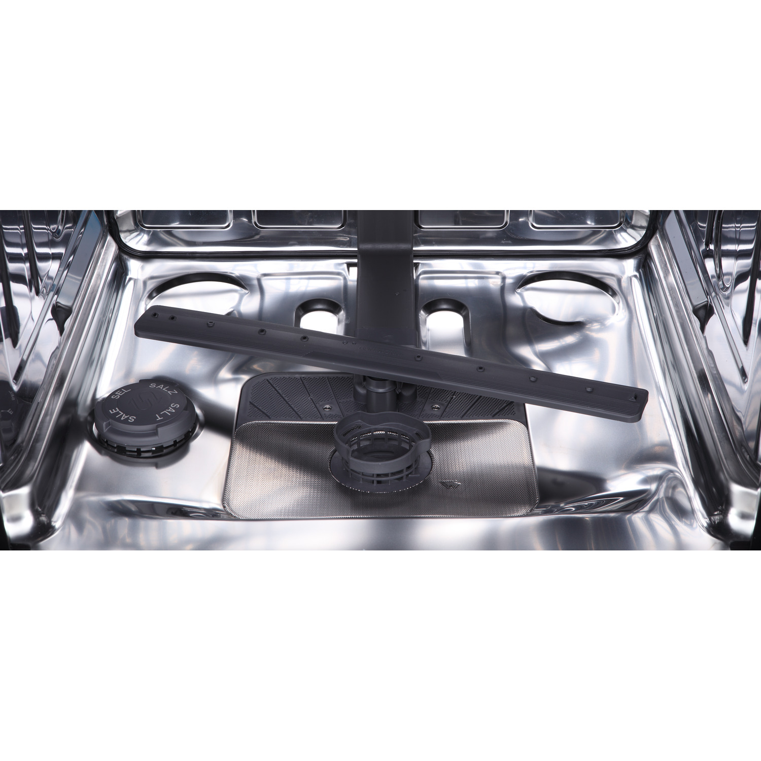 Interior of a dishwasher, showing the spray arms, filter and detergent dispenser.