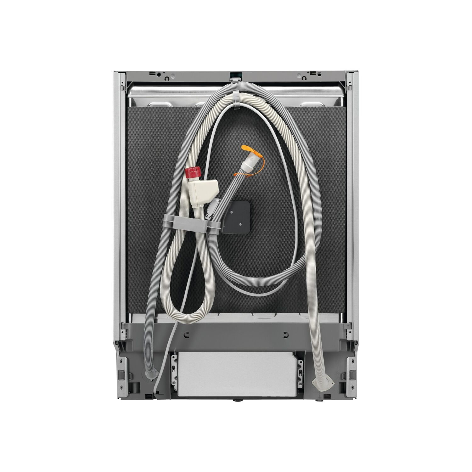 Back of a dishwasher, showing hoses and connections. Gray and white components.