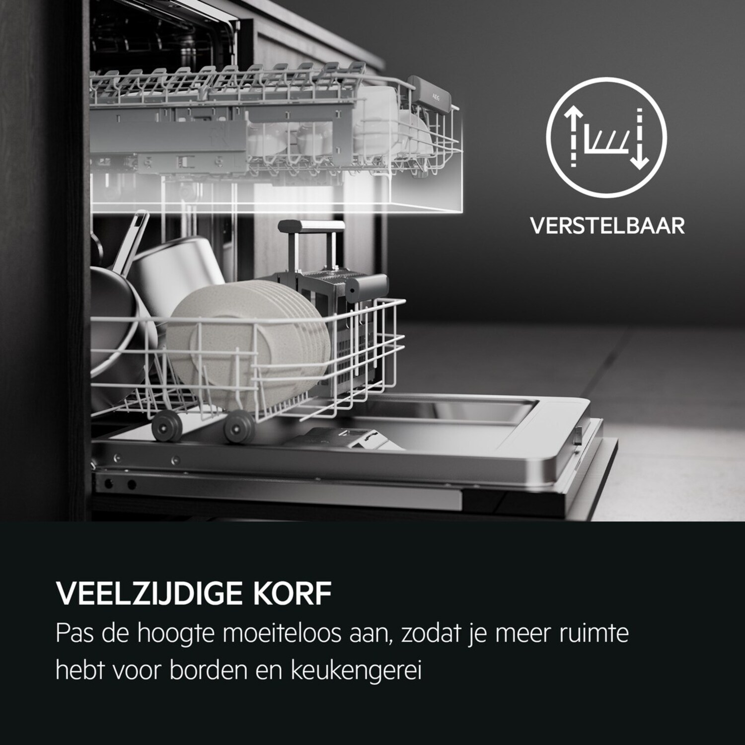 Dishwasher interior showing adjustable basket and clean dishes. Text: 'VERSATILE BASKET'.