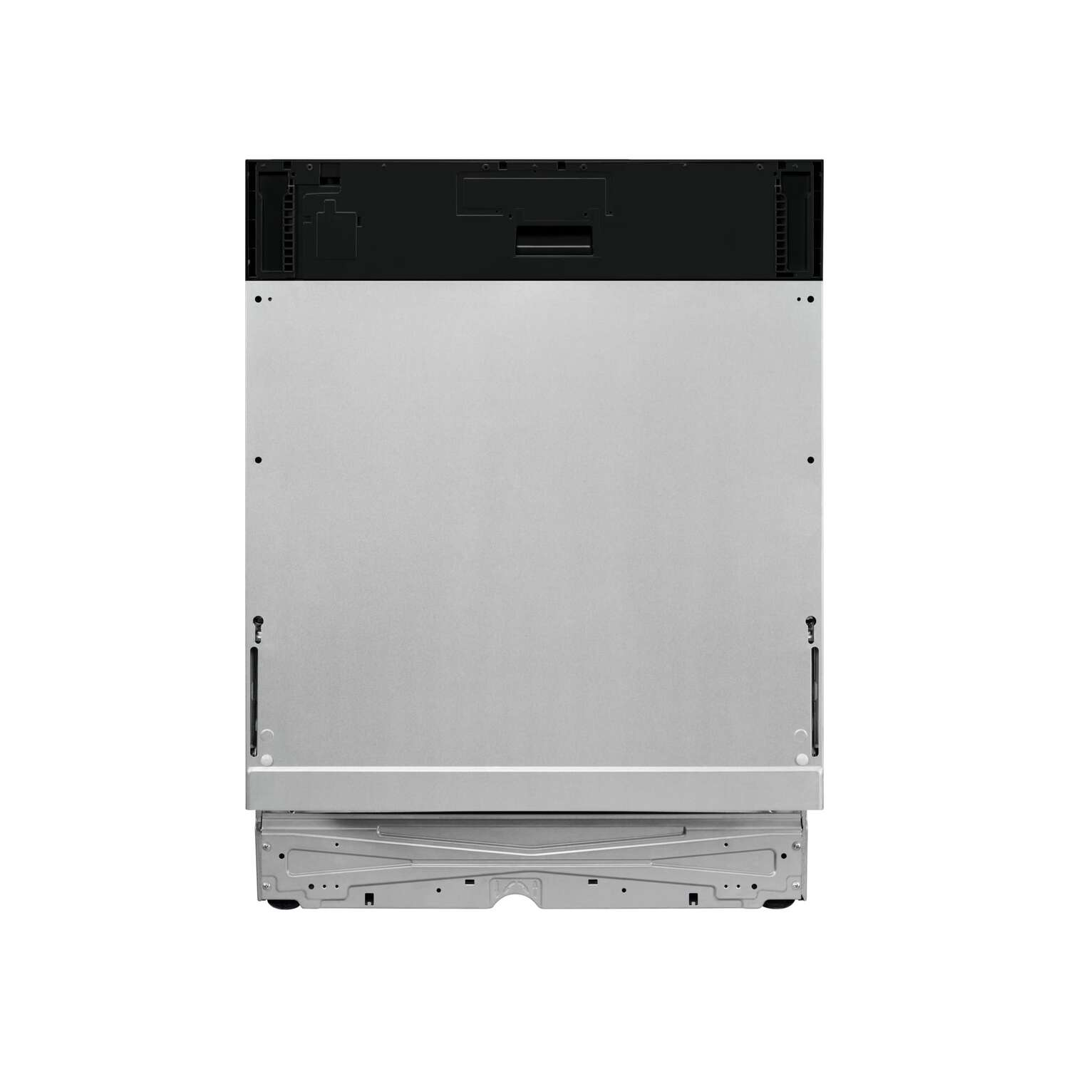 The back panel of a dishwasher is shown. It's a grey metal with a black top.
