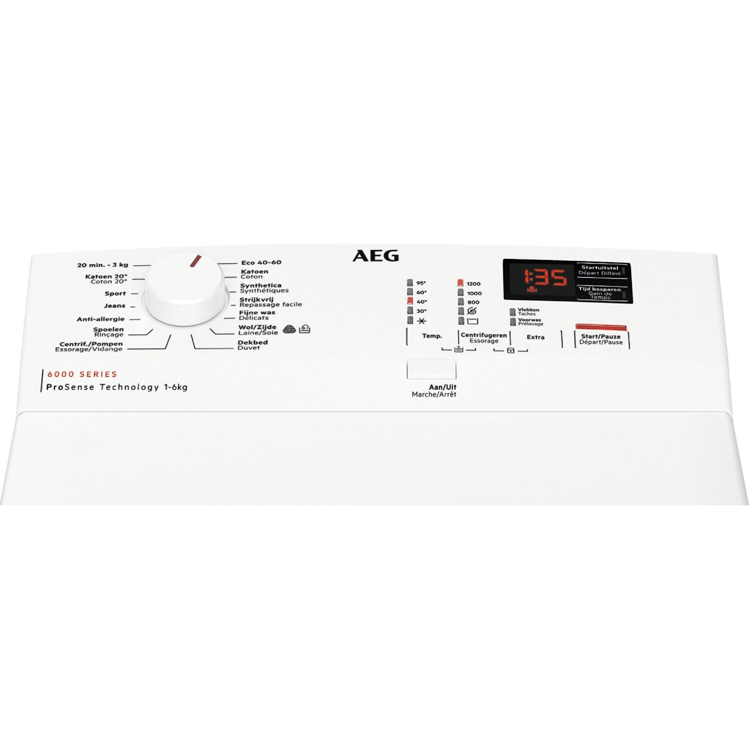 A close-up of a white AEG washing machine control panel. The panel has various washing settings.