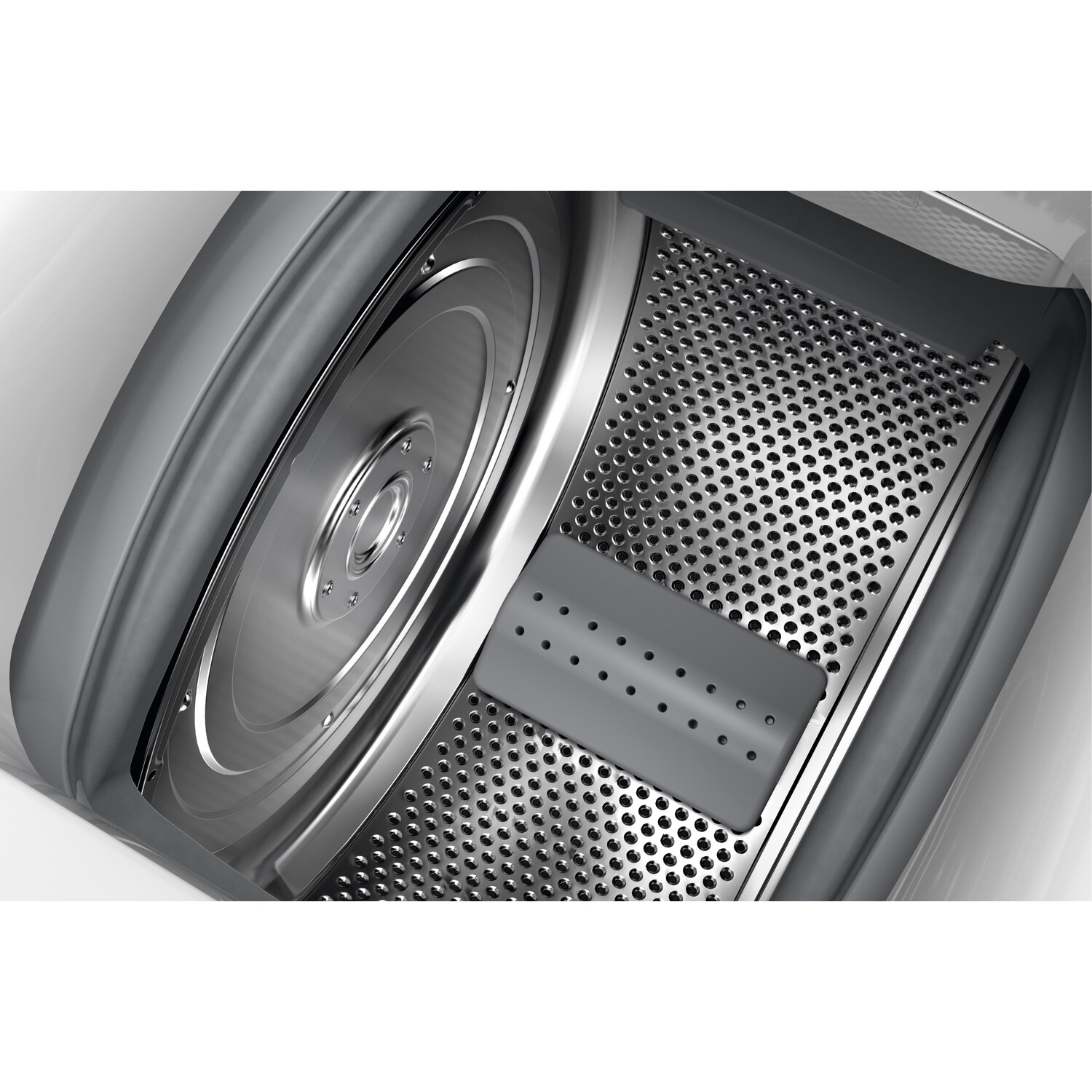 Interior of a dryer drum with a rotating plate and perforated metal screen.