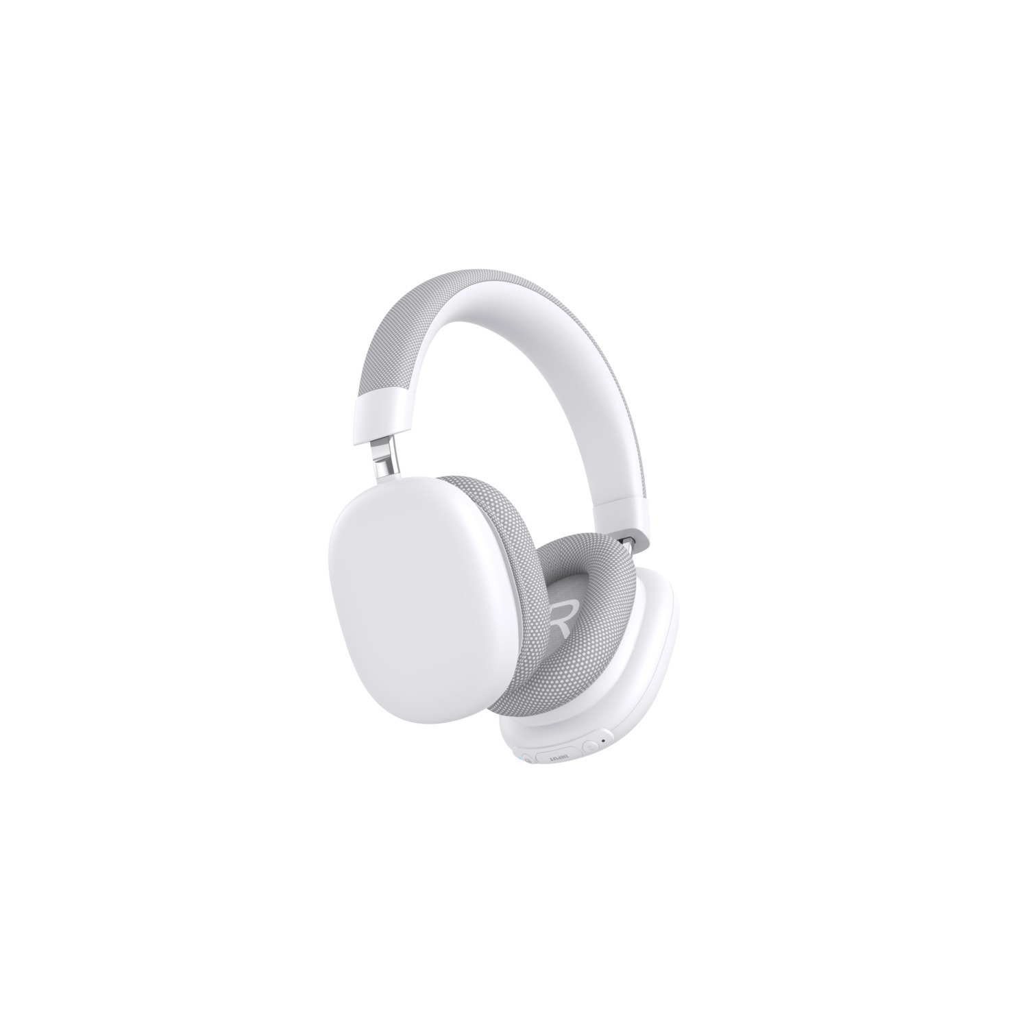 Witte koptelefoon met grijze mesh oorschelpen, witte achtergrond.