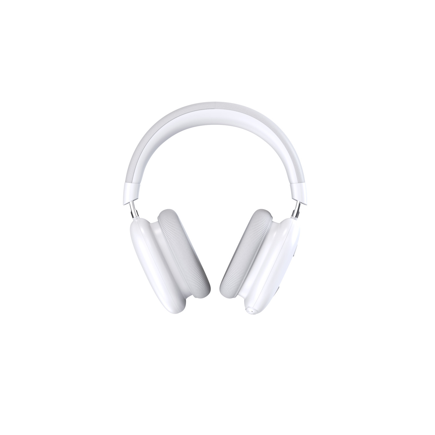 Witte koptelefoon, bovenaanzicht, met oorschelpen en hoofdband tegen een witte achtergrond.