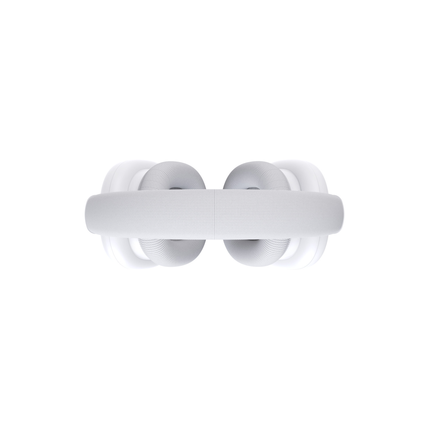 Bovenaanzicht van een witte hoofdtelefoon. De hoofdband is wit, met cirkelvormige oorschelpen. De achtergrond is wit.