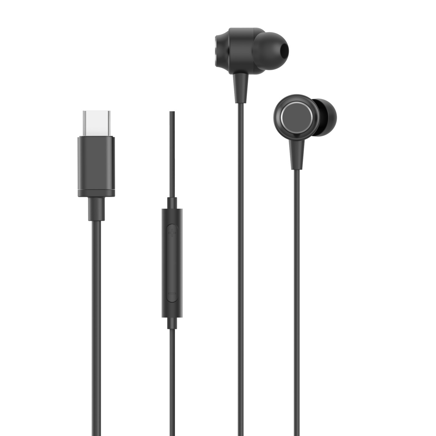 Black earbuds with a USB-C connector and a control module on the cable.