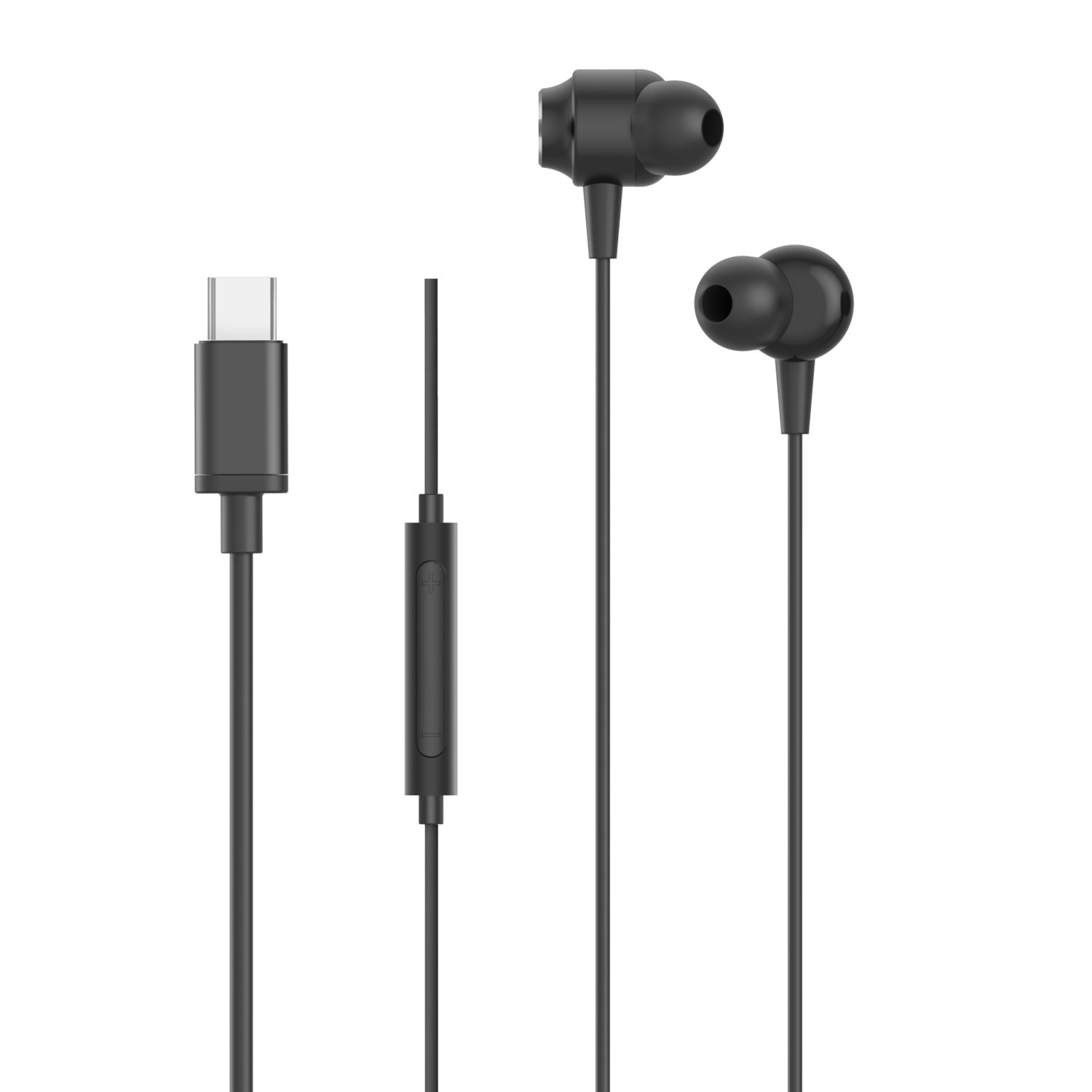 Black USB-C earphones with a control module and in-ear buds on a white background.
