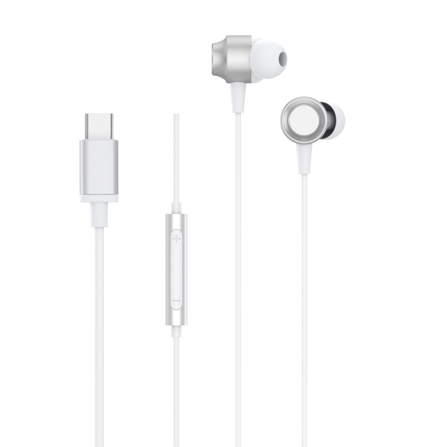 White earbuds with a silver control module and a USB-C connector.