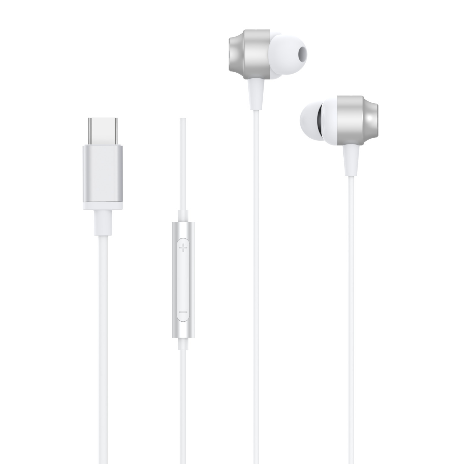Three white earphones with a USB-C connector, a control, and a microphone.