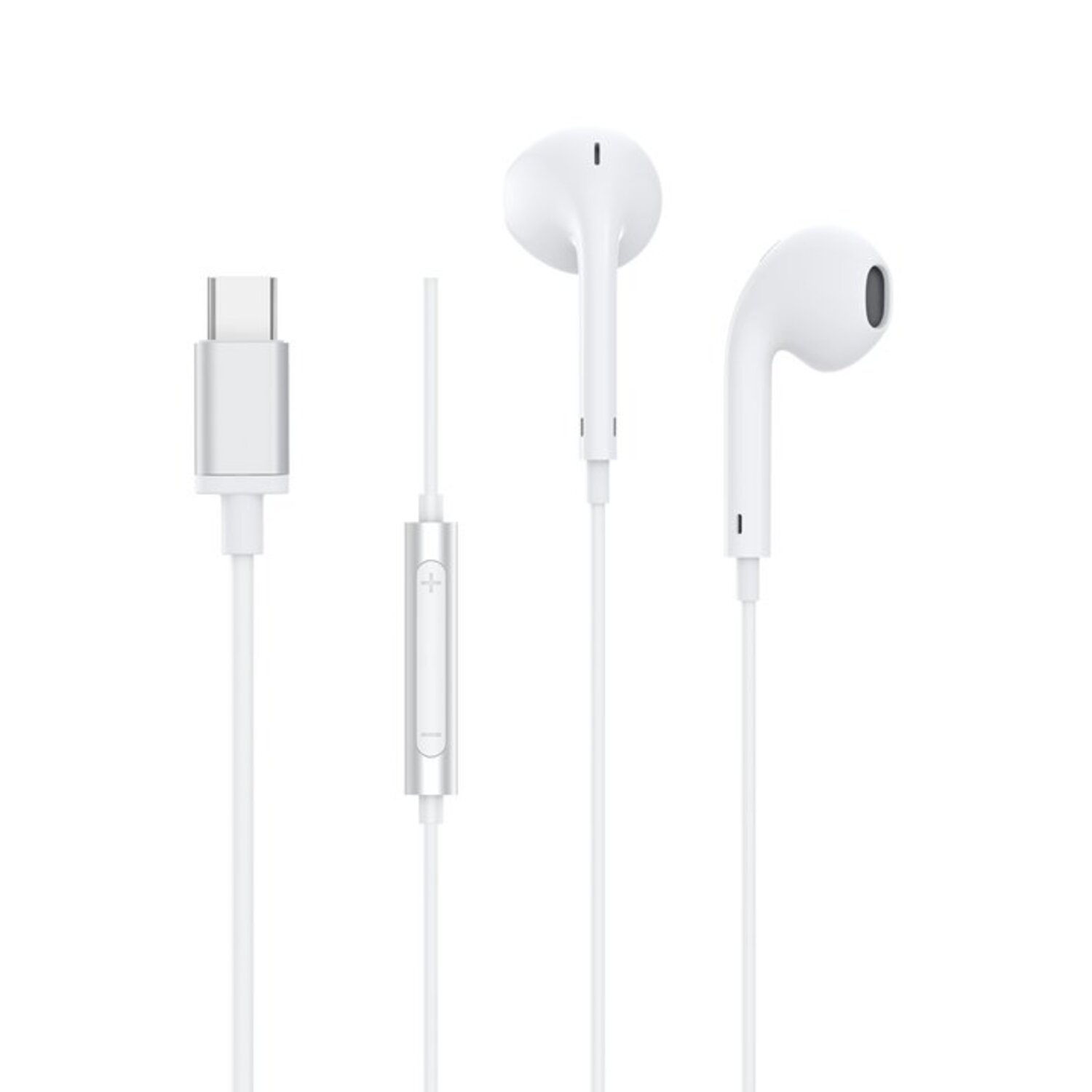 White earphones with a USB-C connector and a silver control panel, on a white background.
