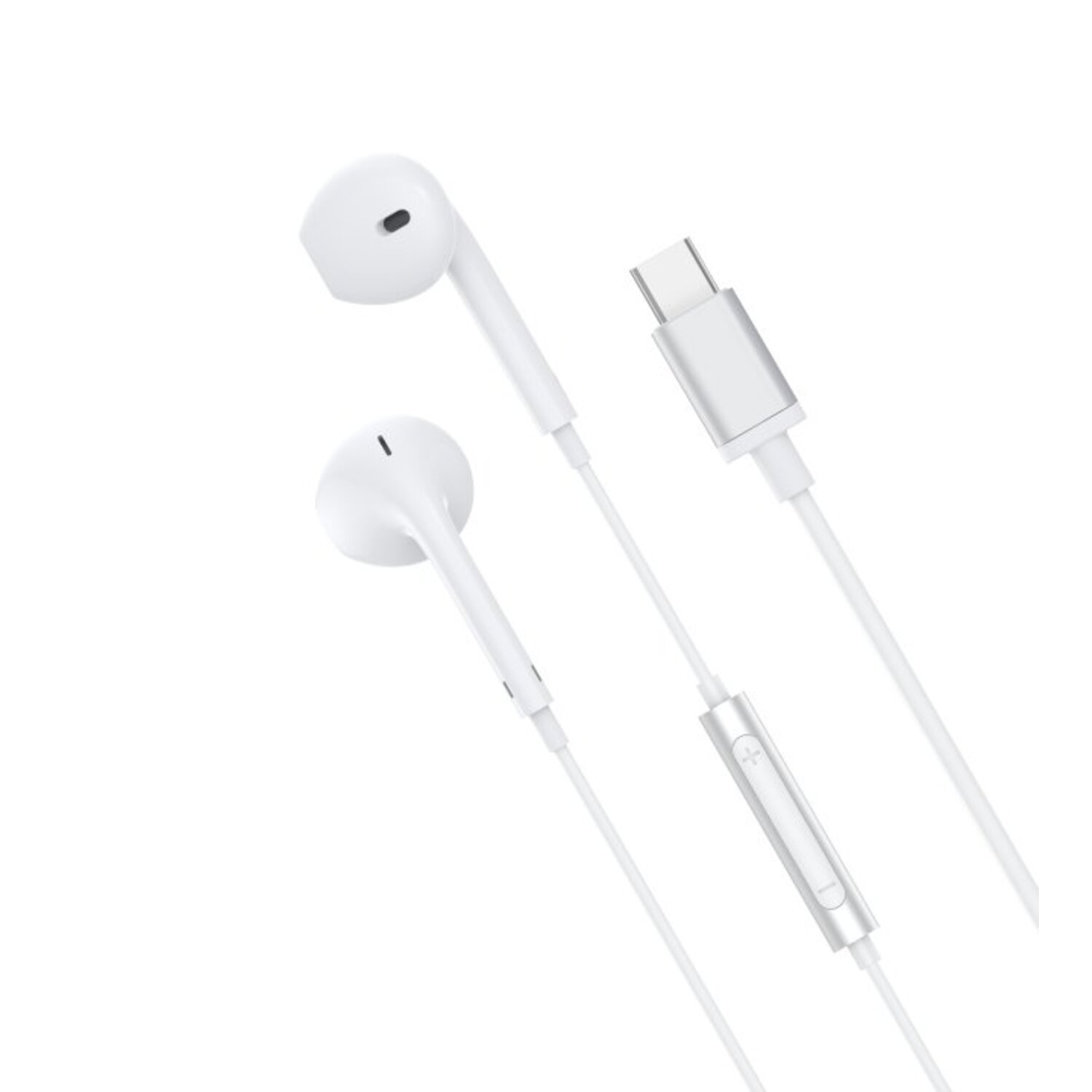 White earbuds with a USB-C connector. A control module is on the wire.