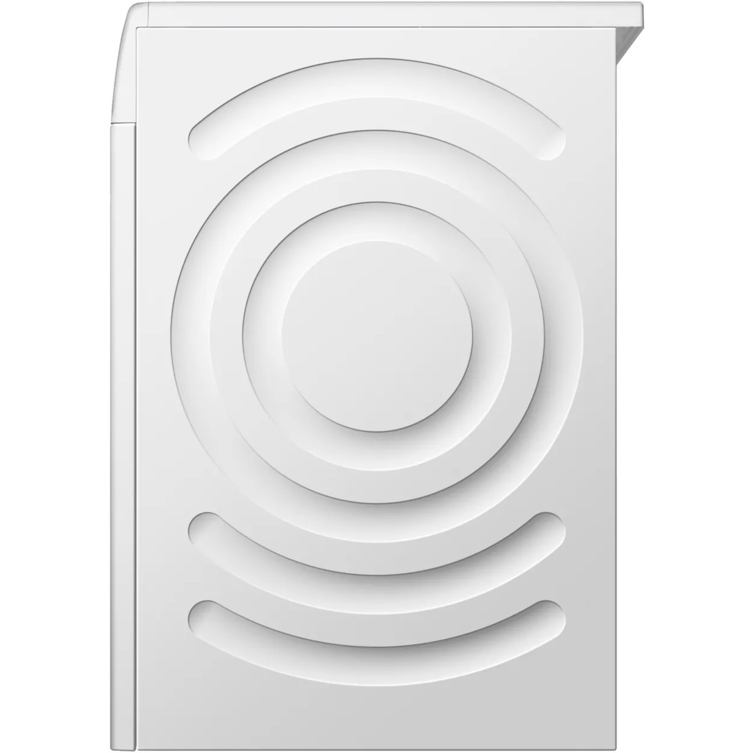 White washing machine front panel with circular design and buttons.