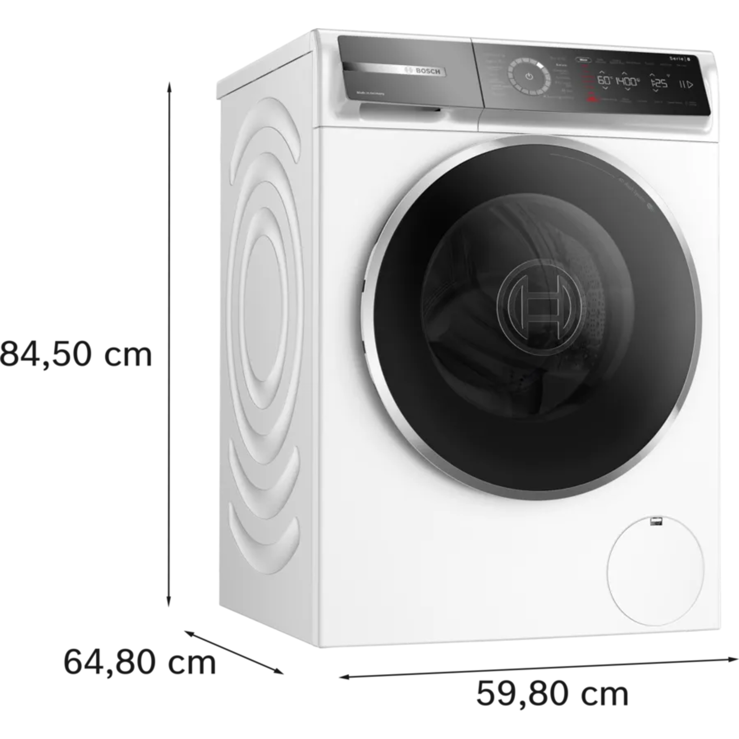 White washing machine with a black door and silver controls. Bosch brand.