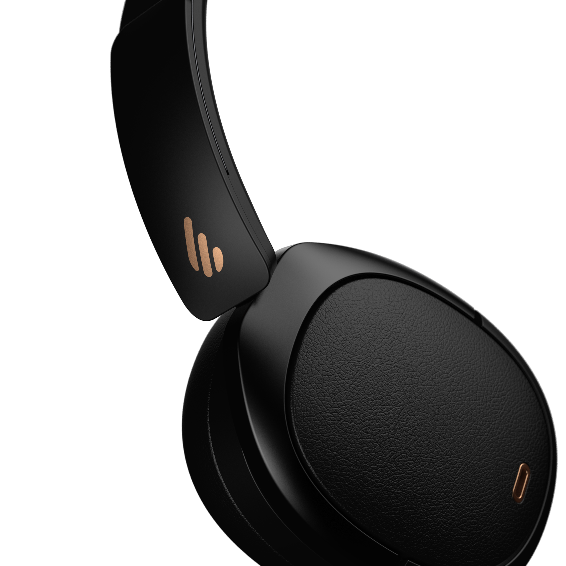 Schwarze Over-Ear-Kopfhörer auf schwarzem Hintergrund. Goldakzente sind sichtbar.
