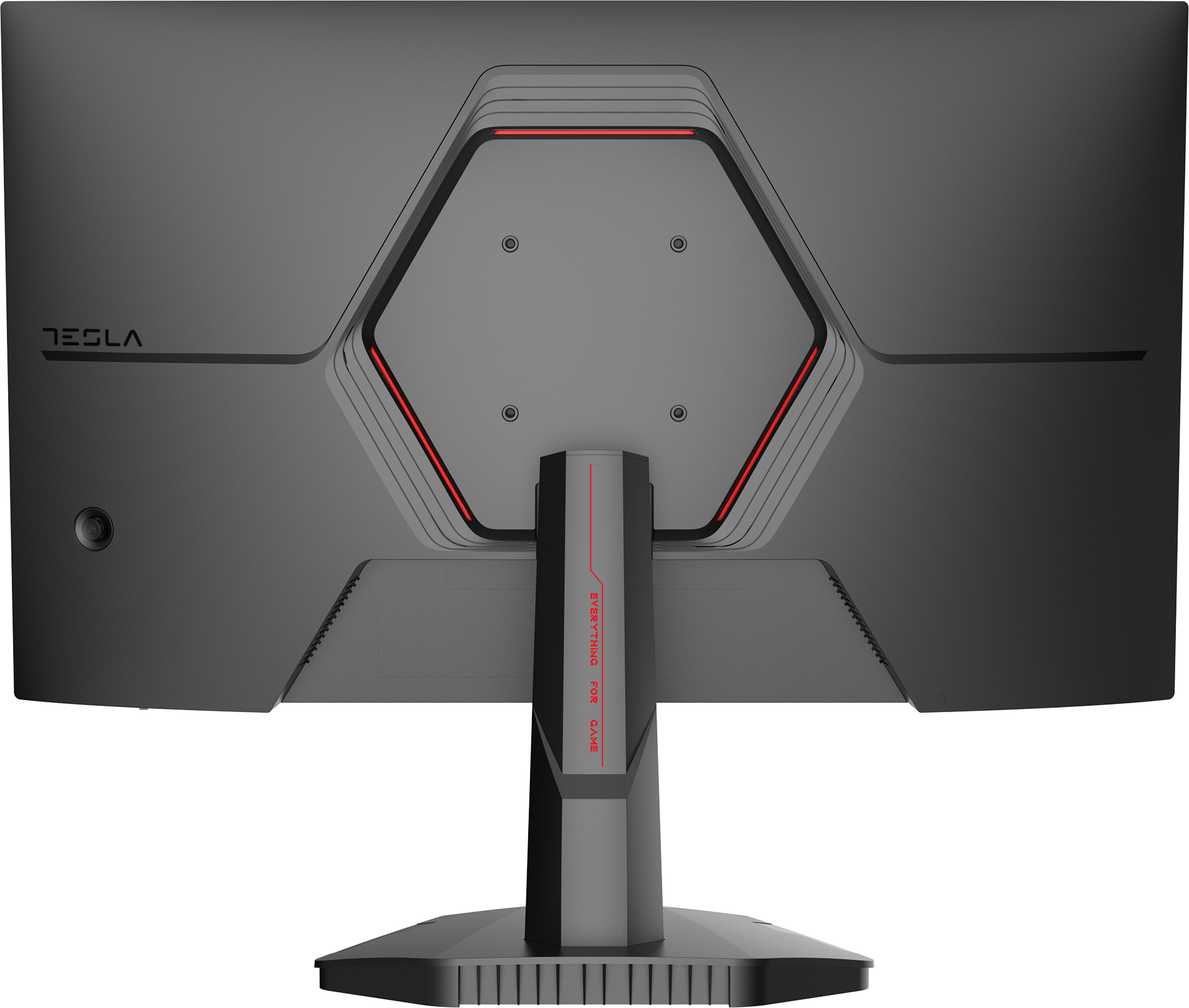 Sötétszürke Tesla monitor hátulja, piros díszítésekkel. Hatszögletű design.