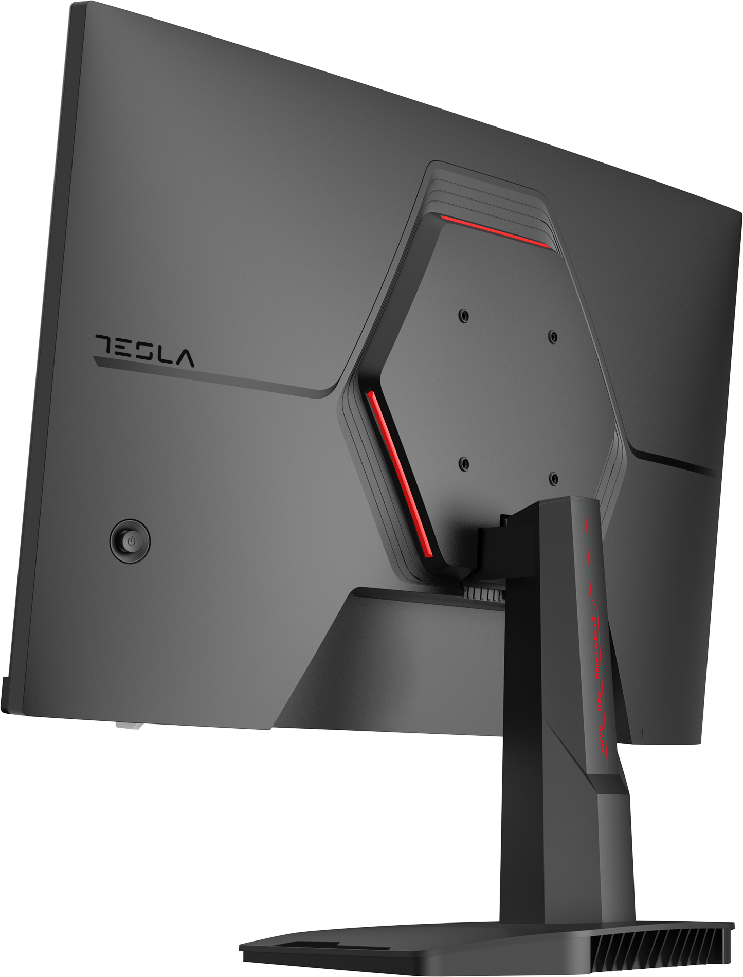 Egy fekete Tesla monitor hátulja. Piros díszítések, bekapcsológomb és állvány látható.