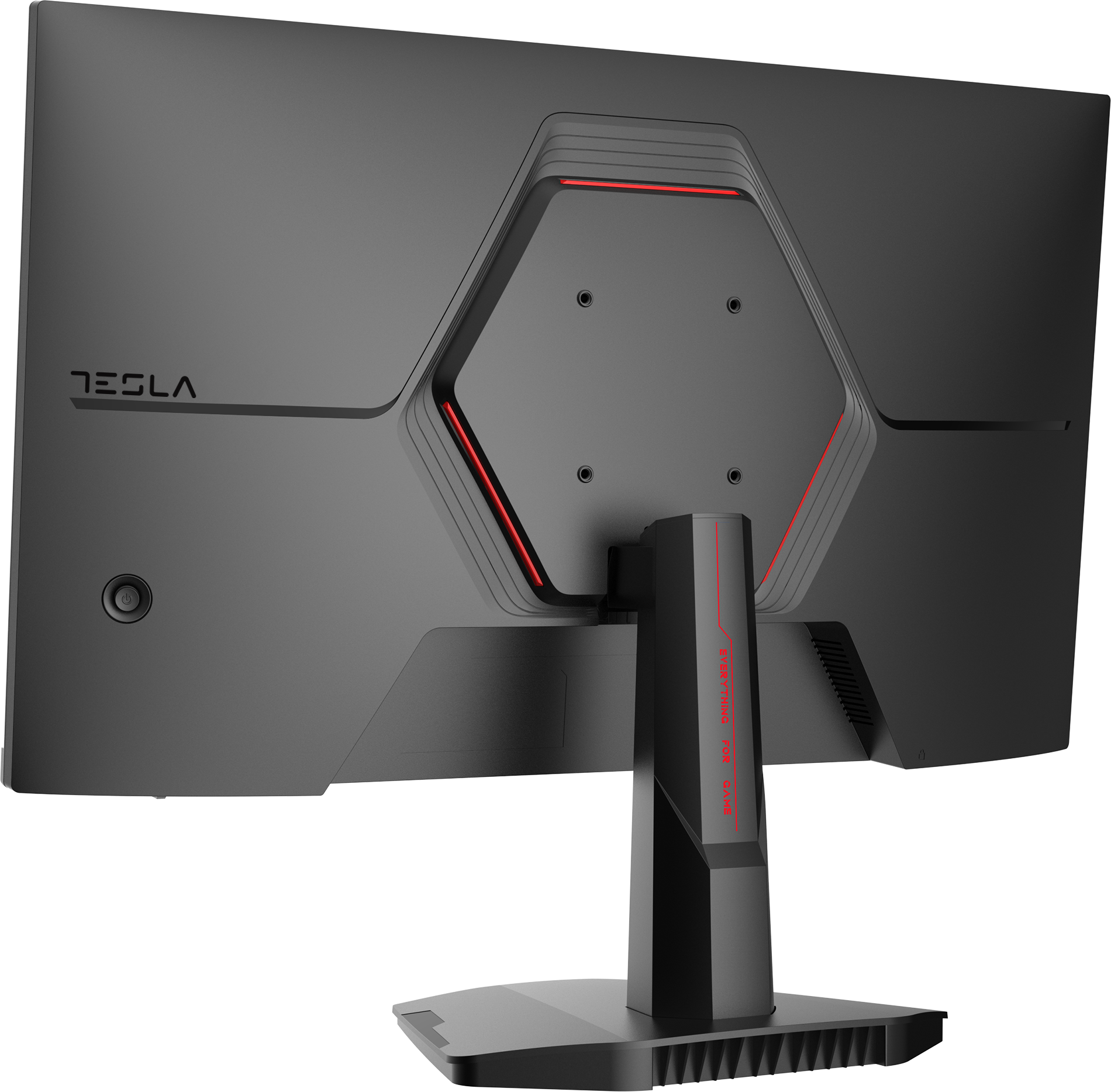 Fekete Tesla monitor hátulja. Piros díszítések, bekapcsológomb és 'EVERYTHING FOR GAME' felirat pirossal.