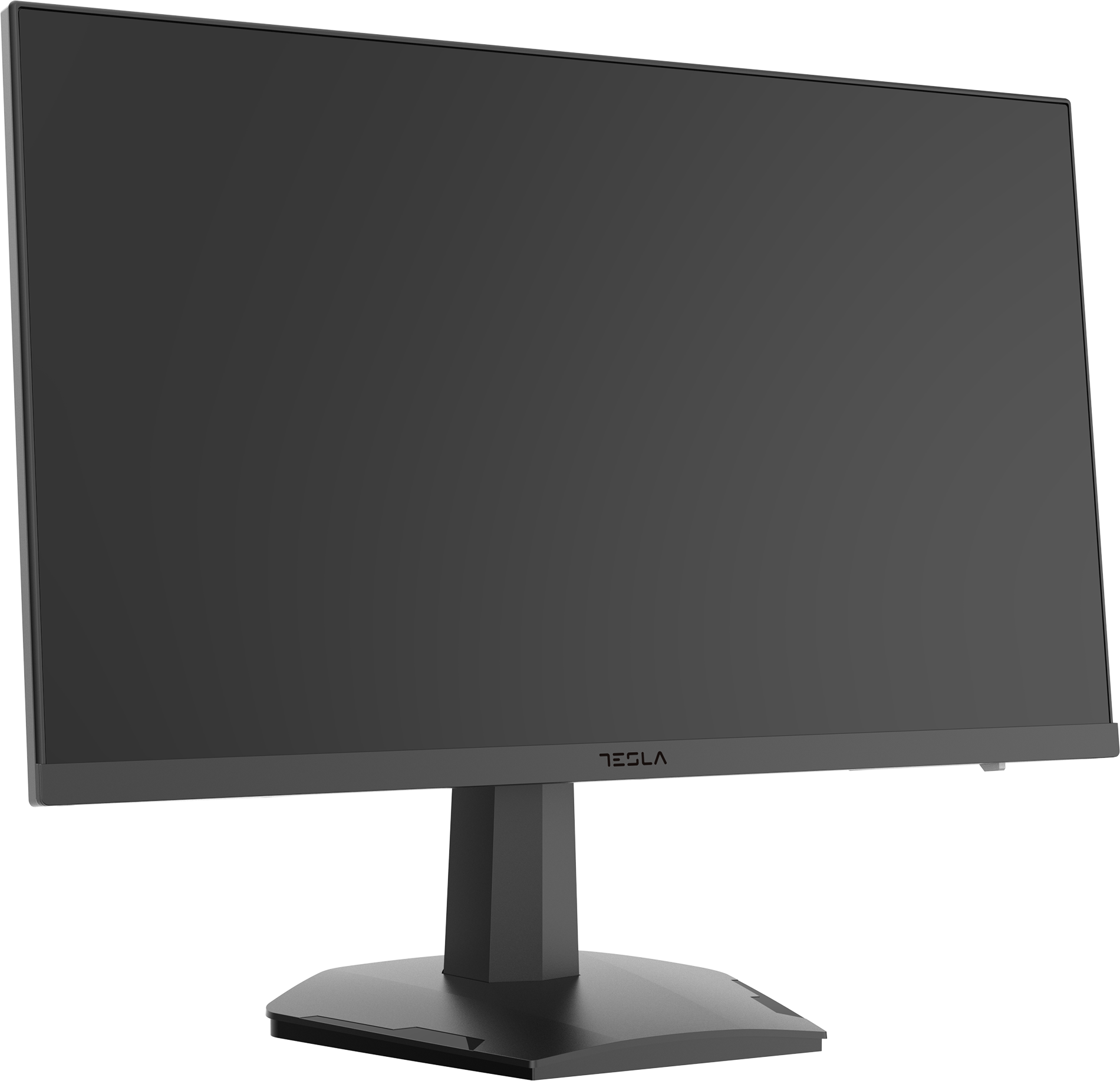 Fekete számítógép monitor fekete állványon. A képernyő sötét, és a Tesla logó látható.