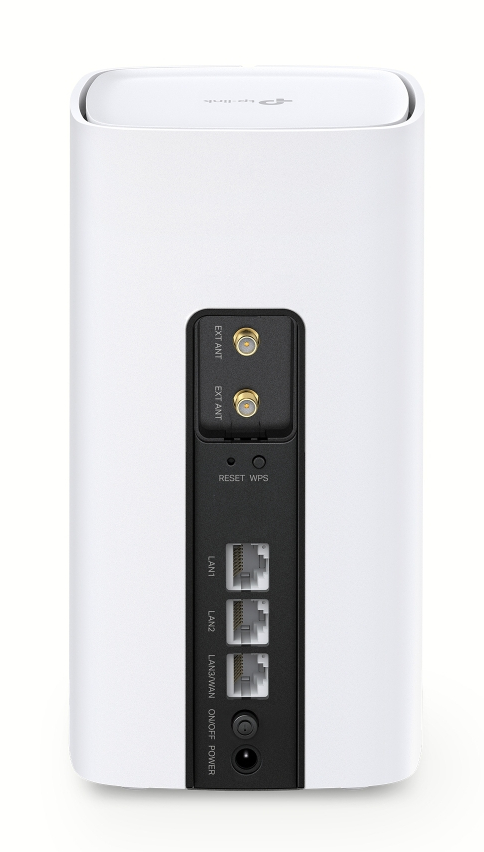 Tył białego routera z opisanymi portami i przyciskami.