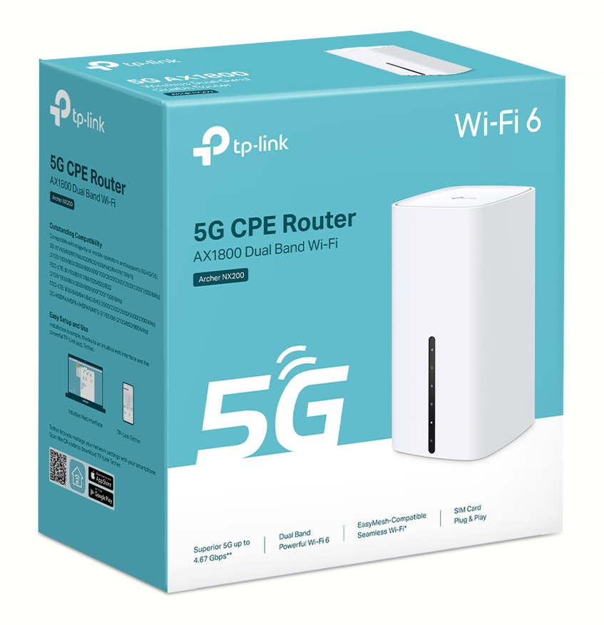 Biało-niebieski router Wi-Fi 6 w pudełku.