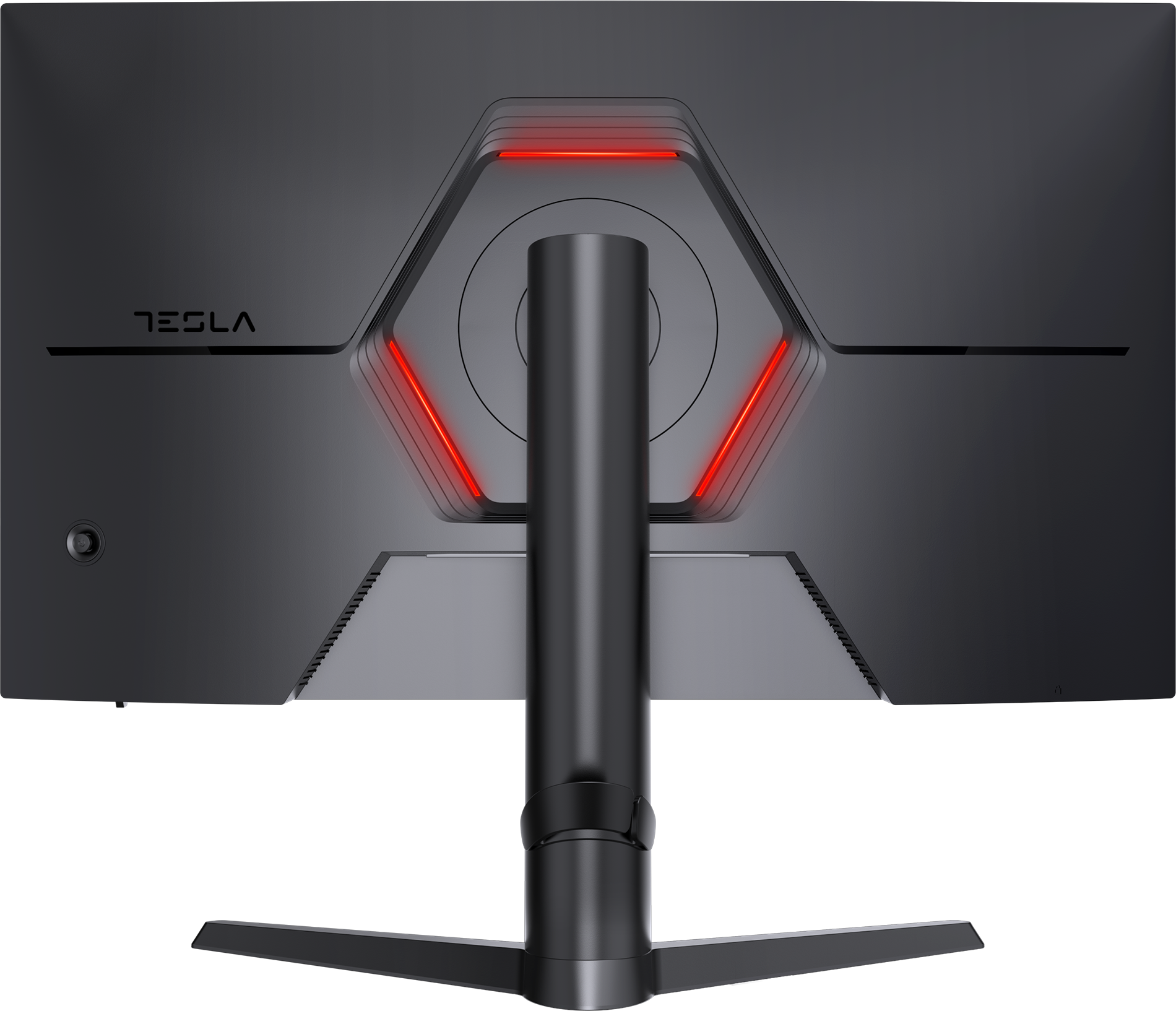 Fekete monitor hátulról, piros lámpákkal és a TESLA szóval az állvány felett.