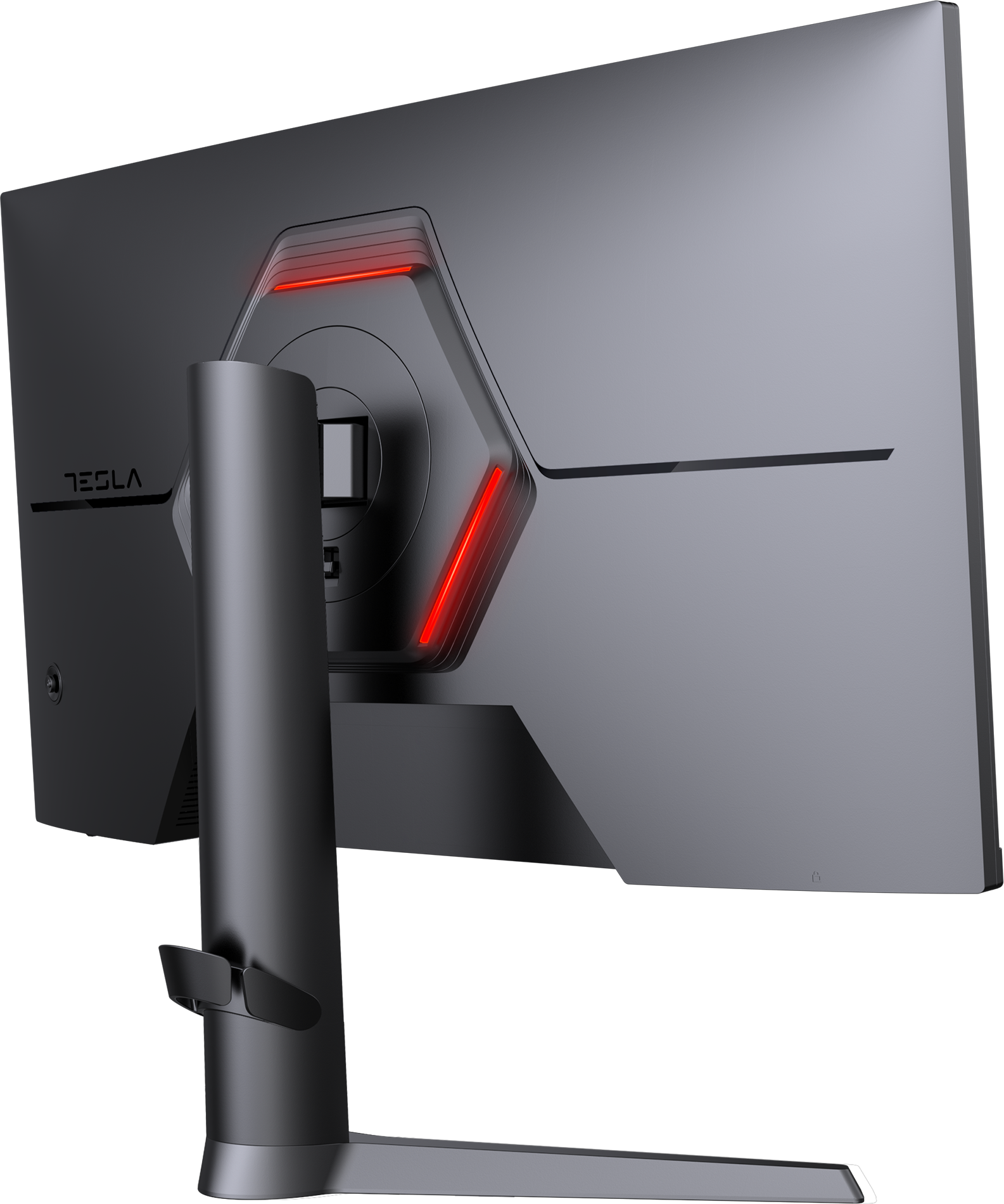 Egy monitor hátulja Tesla logóval. Piros lámpák vannak a hátulján, az állvány sötét.