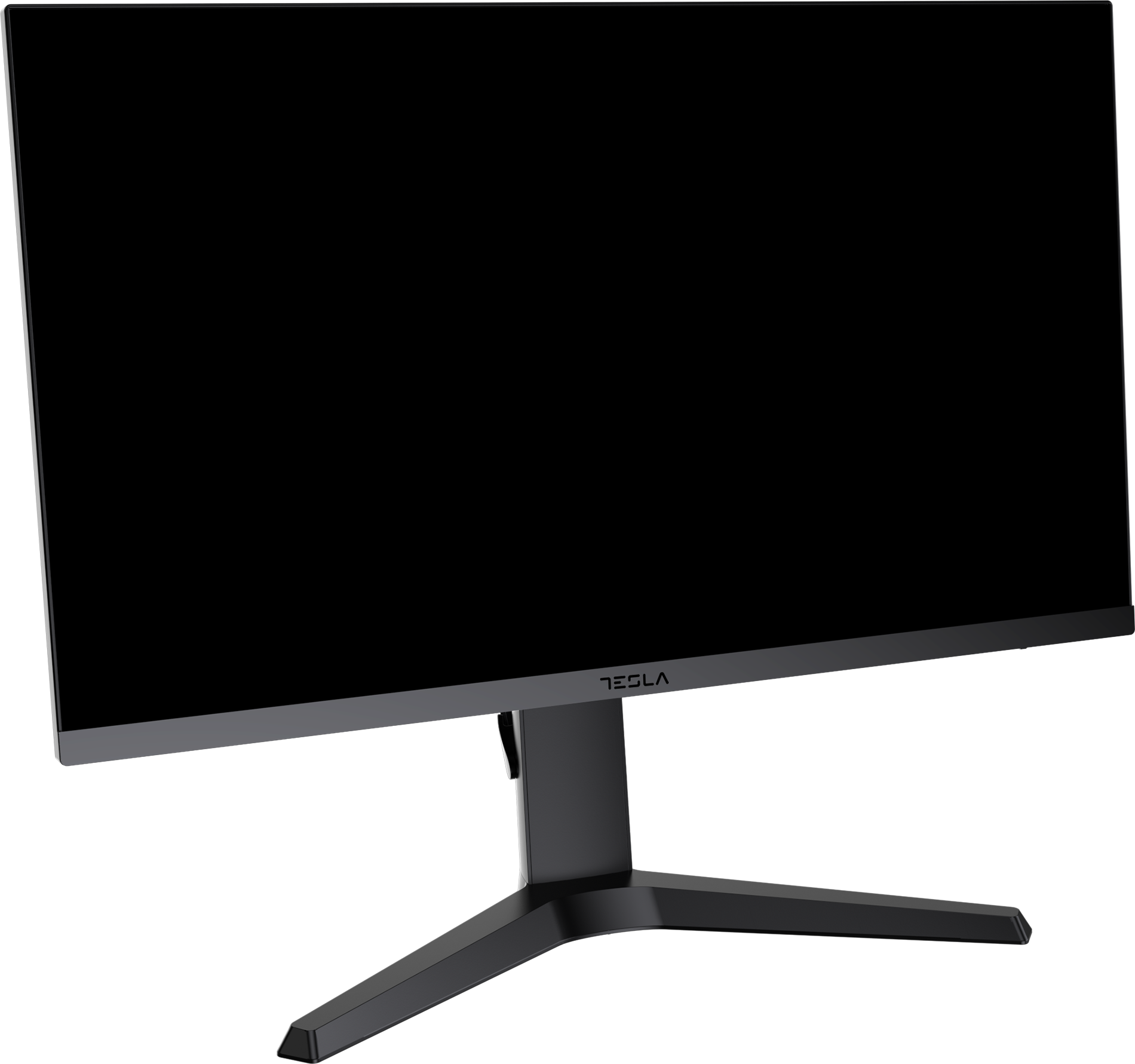 Fekete Tesla monitor, vékony kerettel és állvánnyal.