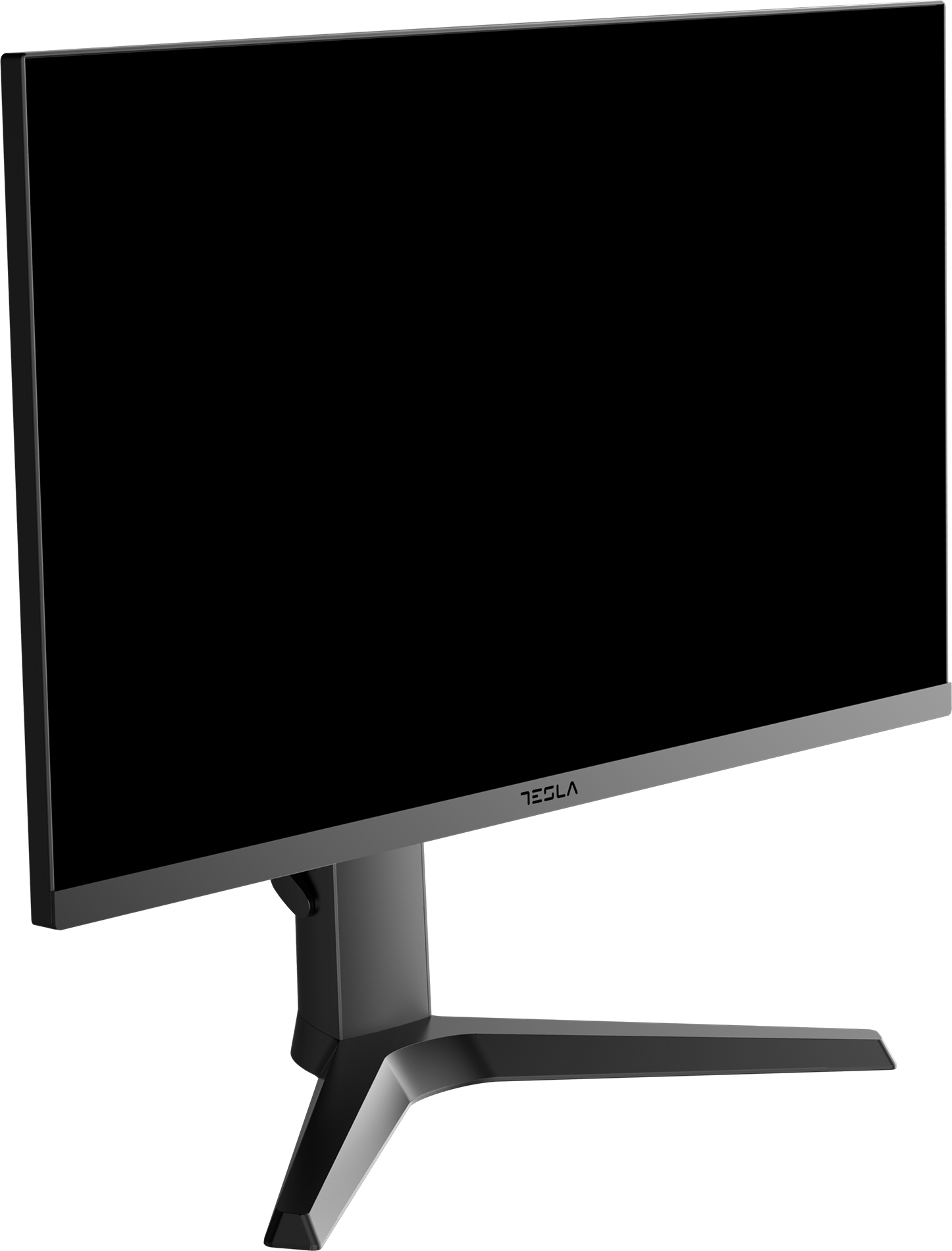 Egy Tesla számítógép monitor, fekete képernyő, fekete állványon.