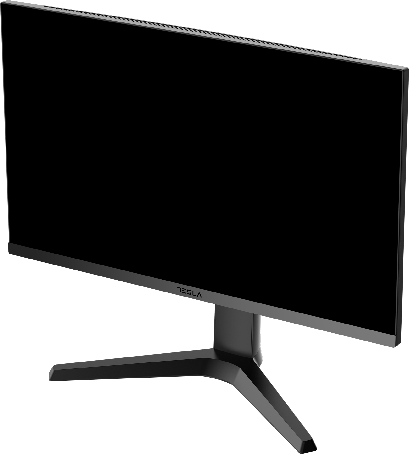 Egy fekete Tesla számítógép monitor, vékony kerettel, fekete képernyőt mutatva.