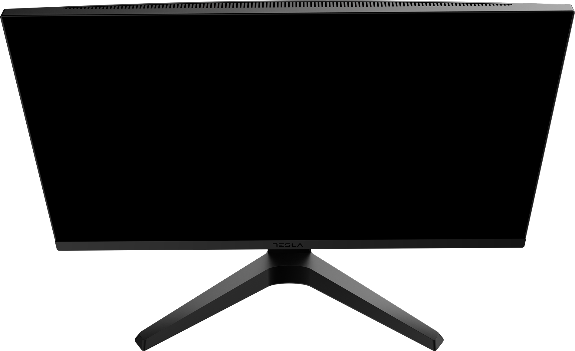 Fekete számítógép monitor, fekete állvánnyal, Tesla márkanévvel.