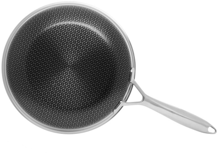 Patelnia ze stali nierdzewnej z pokrywką o wzorze plastra miodu.