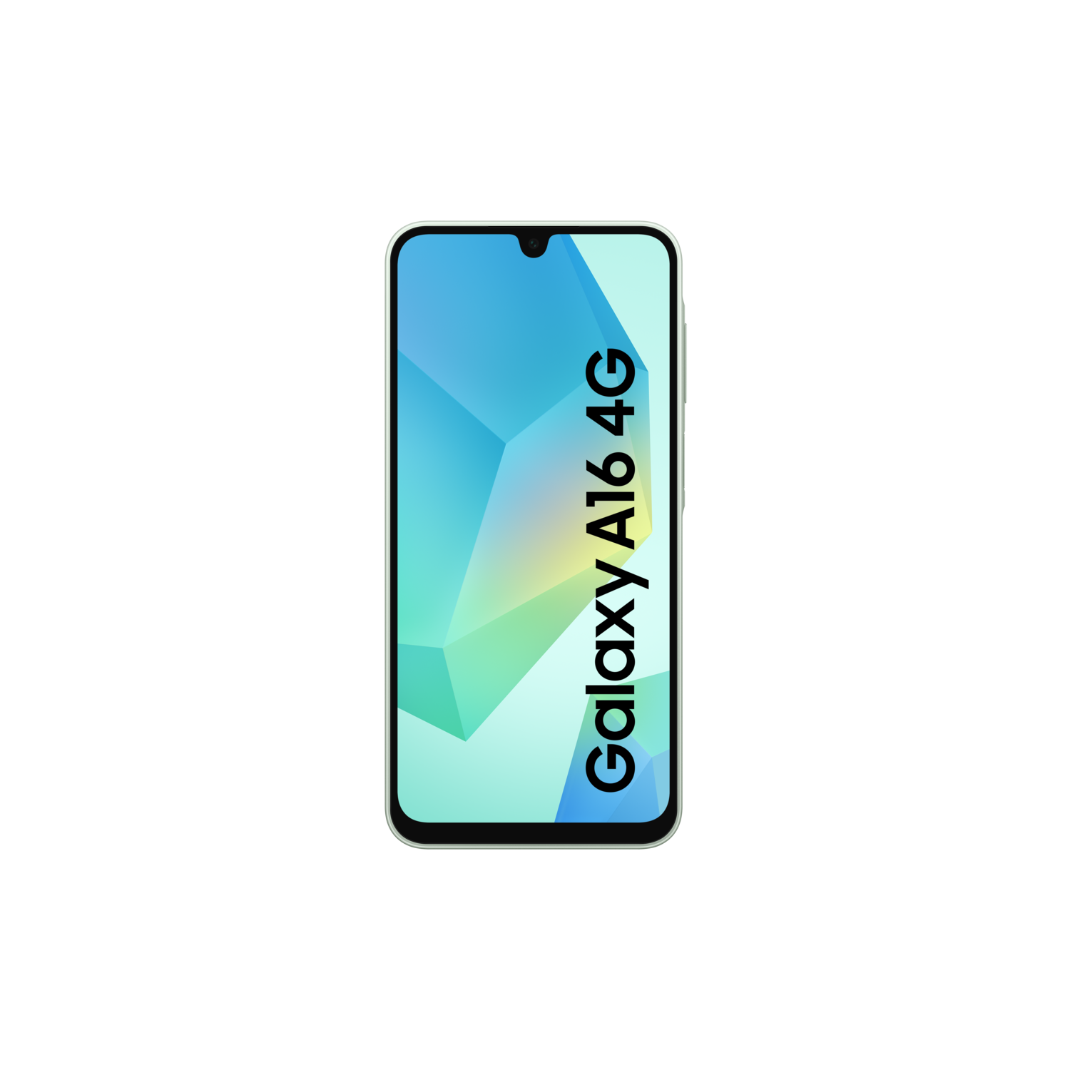 Een smartphone met een blauw-gele gradiënt scherm met 'Galaxy A16 4G' tekst op zwarte achtergrond.