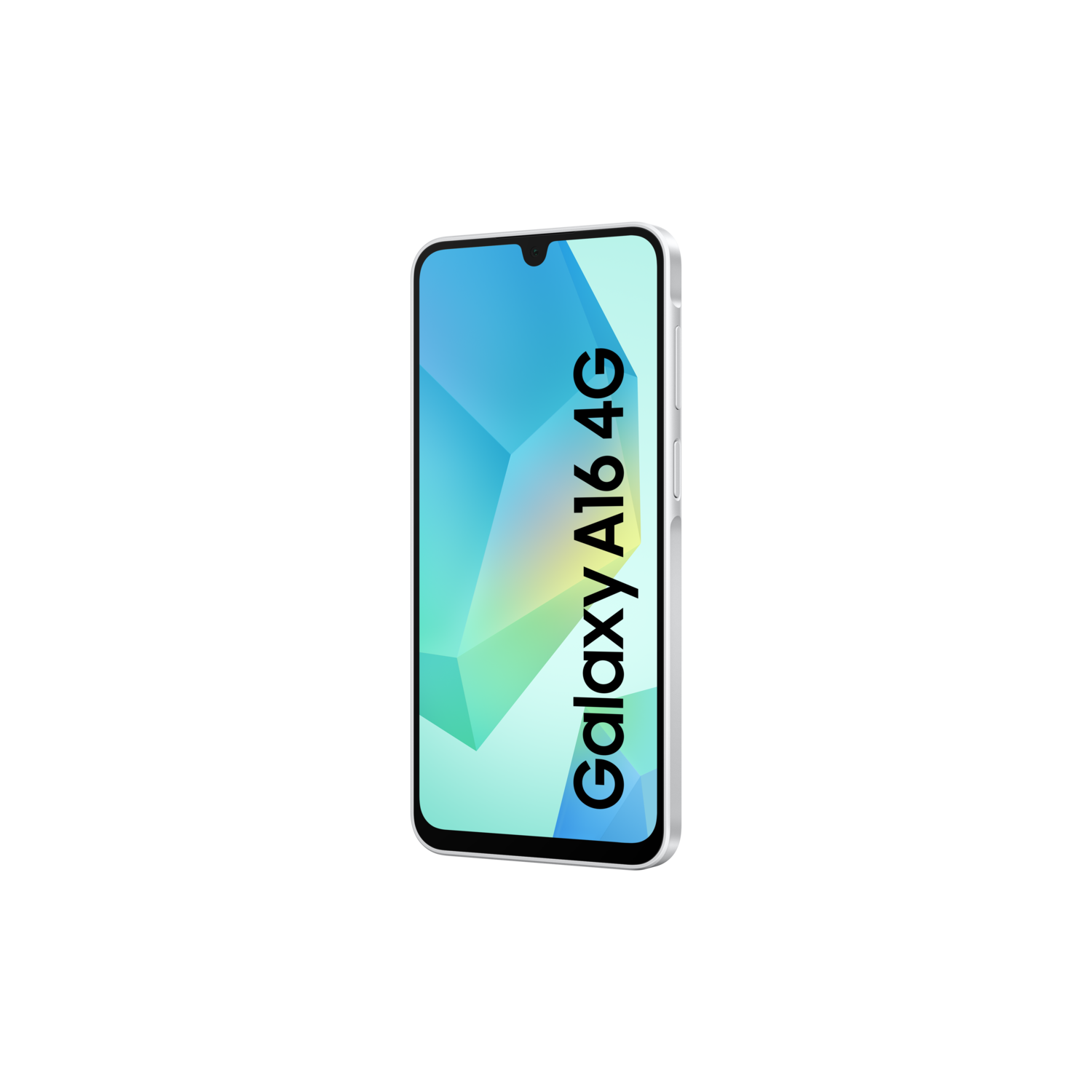 Un smartphone argenté Galaxy A16 4G est affiché sur un fond noir. L'écran affiche un design géométrique avec des couleurs bleues et vertes.