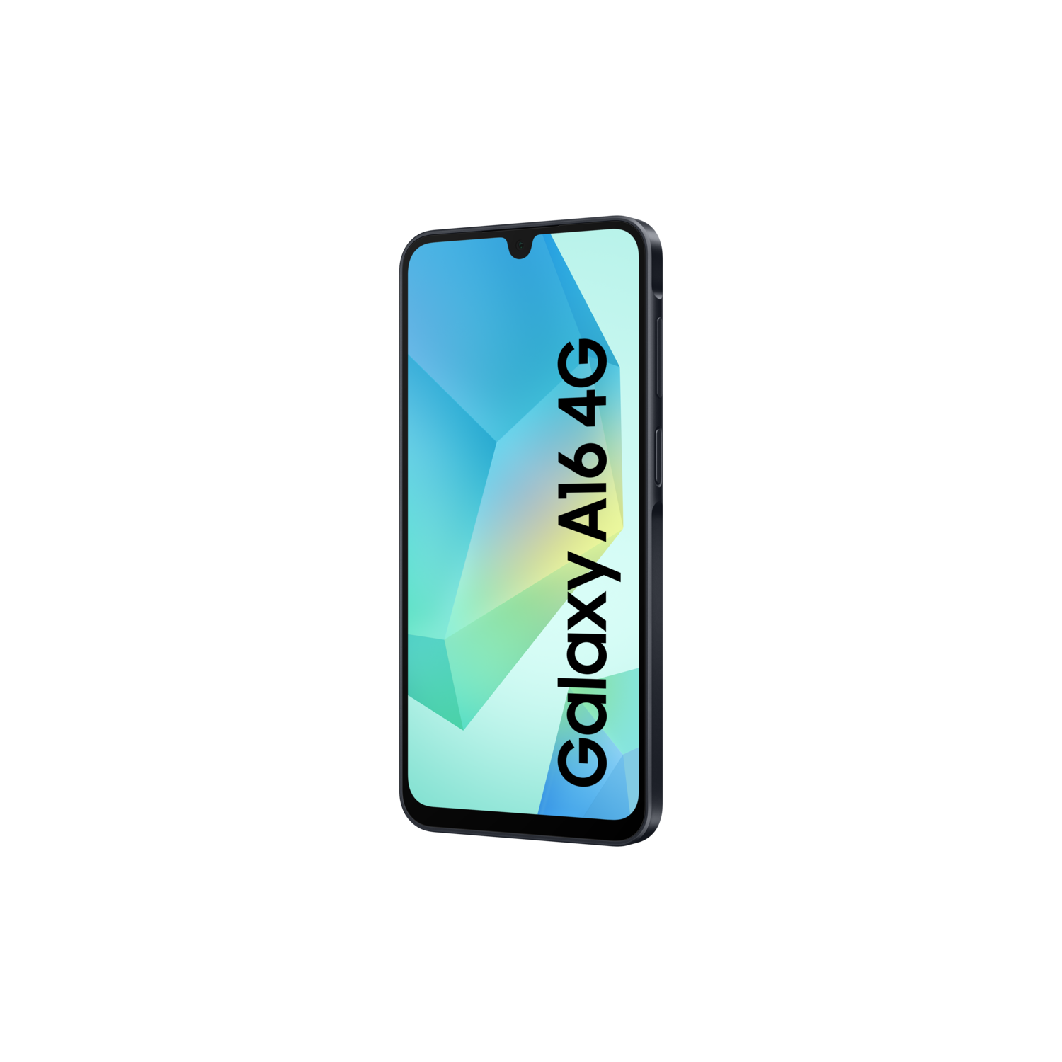 Un téléphone noir Galaxy A16 4G est affiché sur un fond noir.