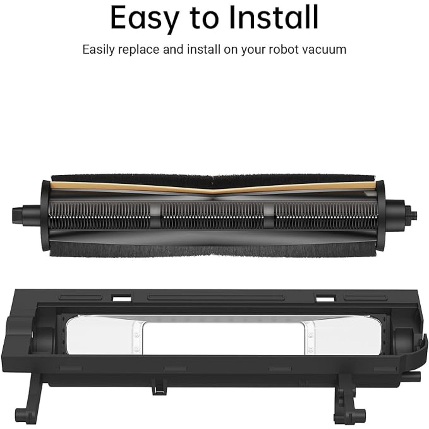 Pièces de l'aspirateur robot : une brosse noire et un compartiment noir. Le texte 'Easy to Install' est visible.