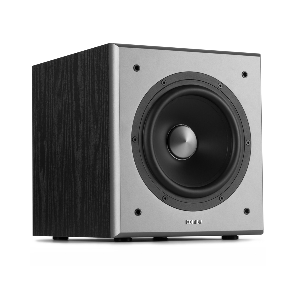 Ein schwarzer und silberner Subwoofer-Lautsprecher wird gezeigt. Der Lautsprecher hat einen einzelnen großen schwarzen Lautsprecher in der Mitte.