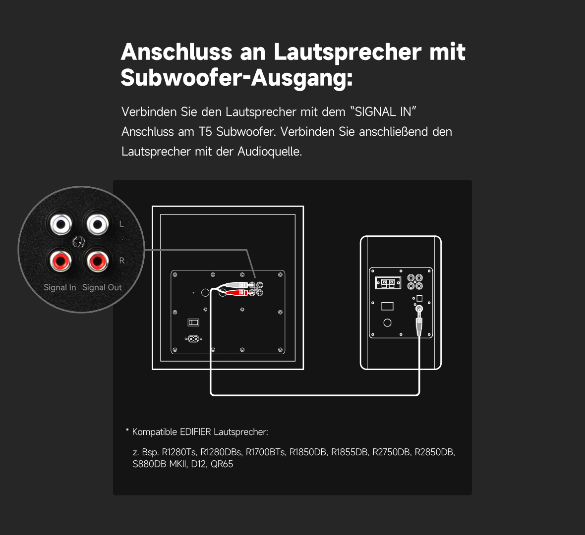 Diagramm der Lautsprecheranschlüsse mit Subwoofer-Ausgang.