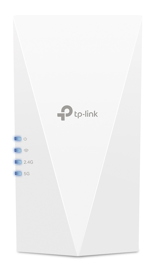 Biały wzmacniacz wifi tp-link ze wskaźnikami LED i logo firmy na białym tle.