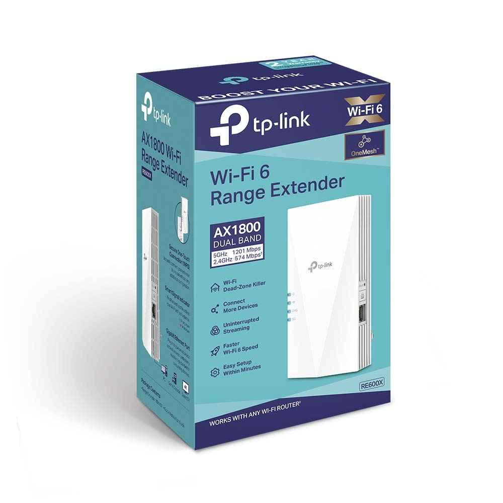 Pudełko Wi-Fi 6 Range Extender, biało-niebieskie. Widoczne logo tp-link i szczegóły produktu.