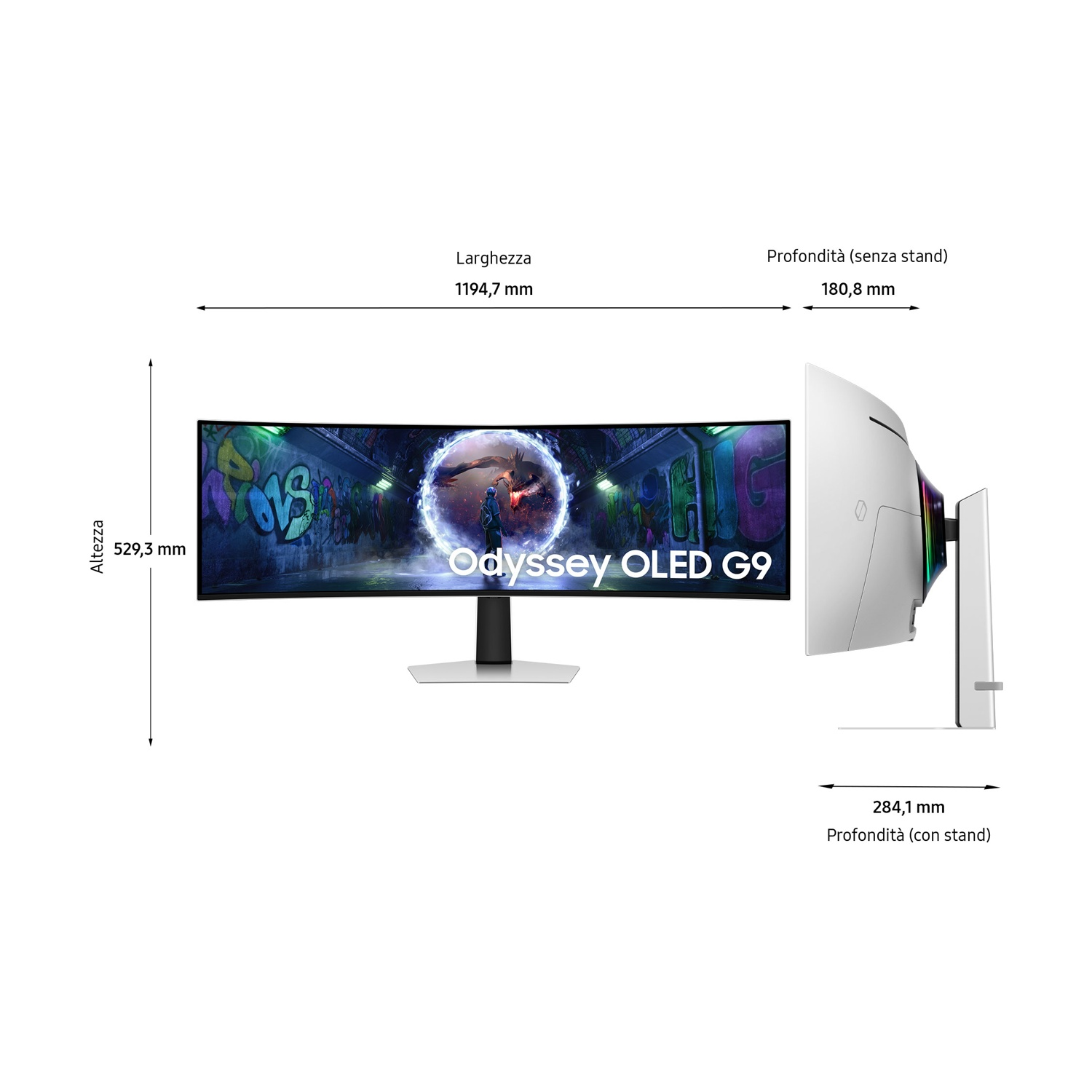 Monitor curvo con misure. Sfondo bianco.