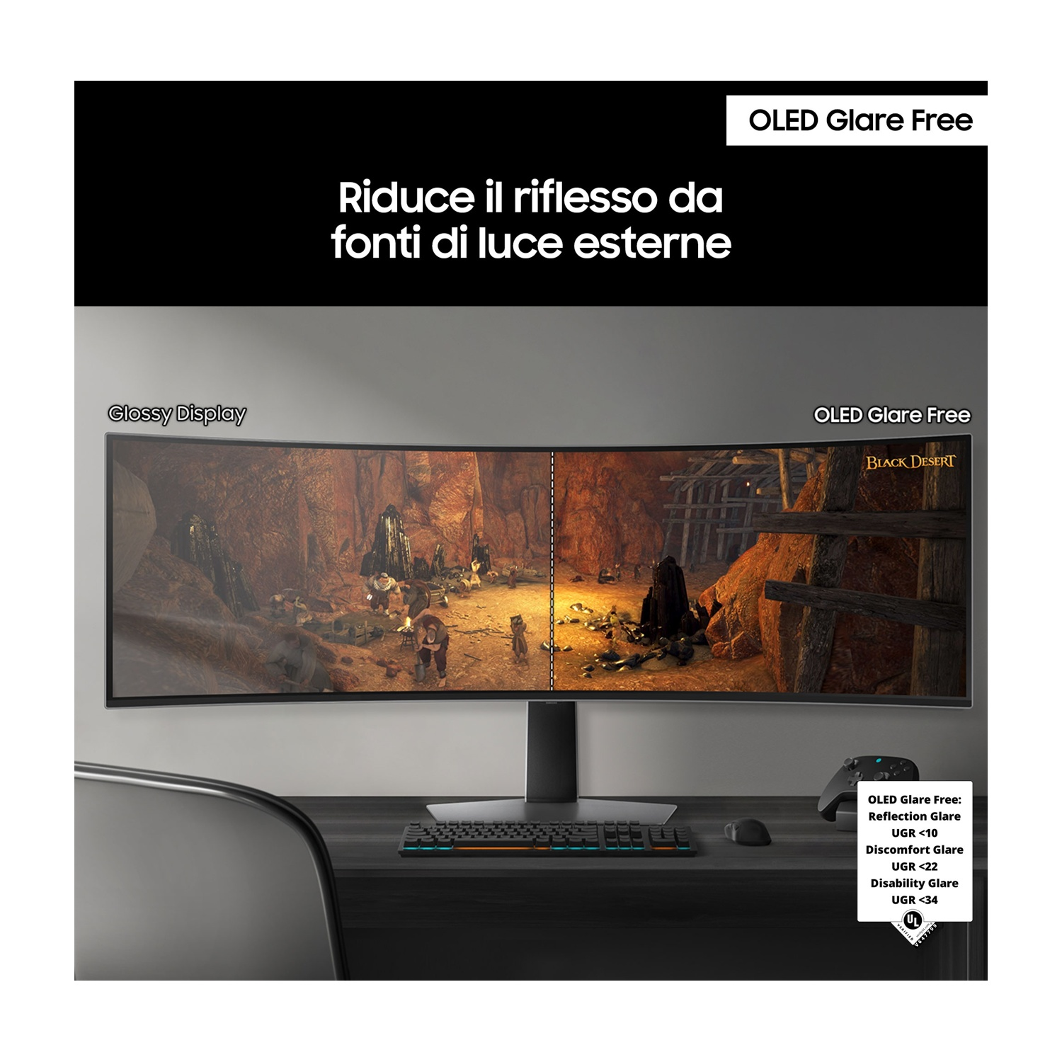 Monitor con schermo curvo che mostra un gioco. Il testo dice 'OLED Glare Free'.
