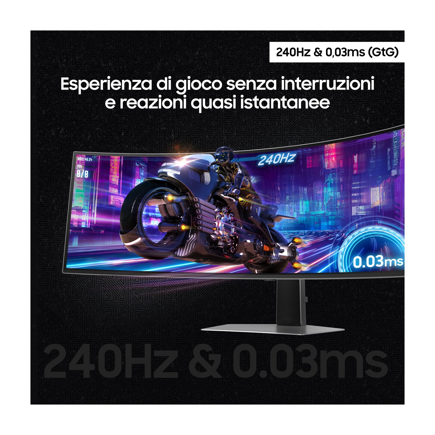 Monitor curvo da gioco con una moto sullo schermo. Cornice nera, supporto nero.