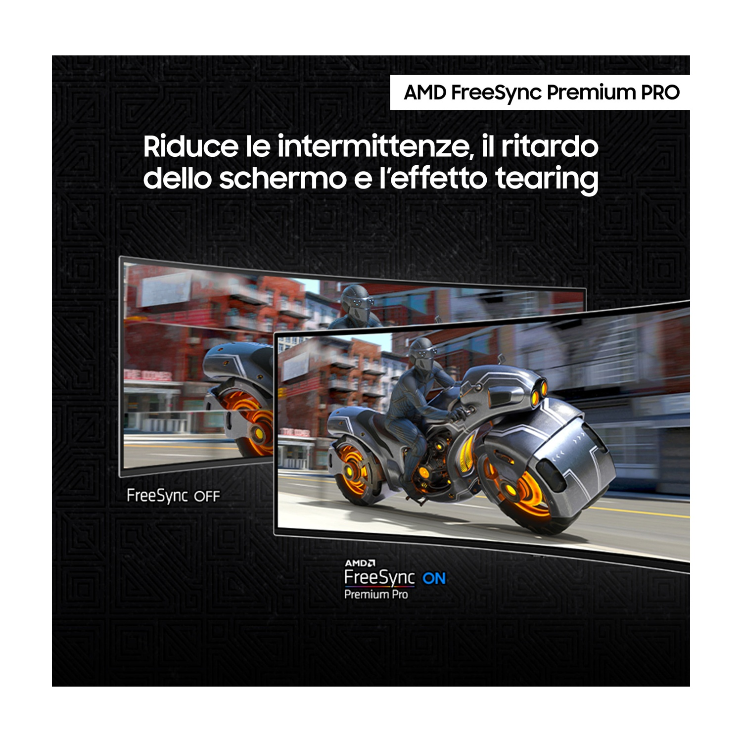 Un monitor curvo mostra una moto futuristica. Un lato mostra FreeSync disattivato, l'altro attivato, mostrando grafica migliorata.