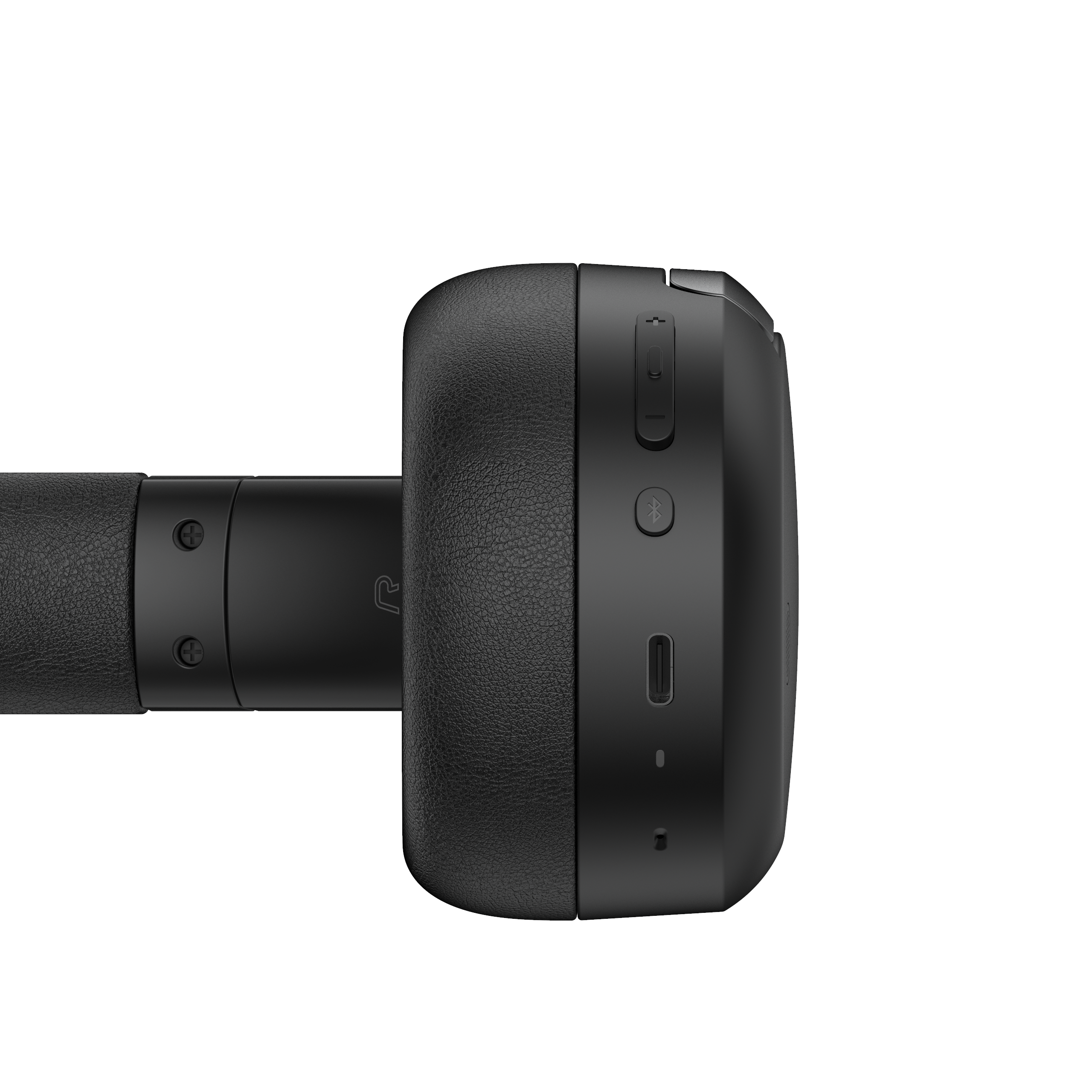 Nahaufnahme der Seite von schwarzen Kopfhörern mit Steuertasten, USB-C-Anschluss und Ladepunkt.