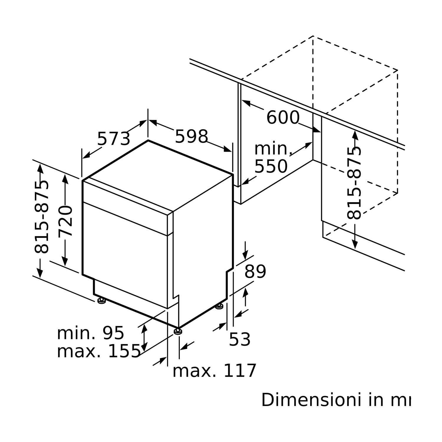 Un diagramma che mostra le dimensioni di una lavastoviglie, con misure in millimetri.